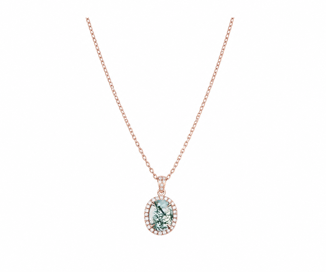 Whispervow 2ct oval cut green moss agate necklace vintage unique halo diamond necklace pendant women product view 4 of 4