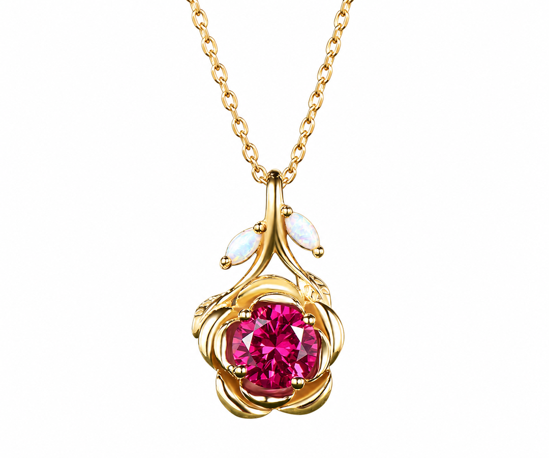 Whispervow 7mm Round Ruby Rose Flower Design Pendant Necklace Nature Inspired Opal Leaf Red Gemstone product view 1 of 4