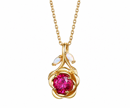 Whispervow 7mm Round Ruby Rose Flower Design Pendant Necklace Nature Inspired Opal Leaf Red Gemstone product view 2 of 4