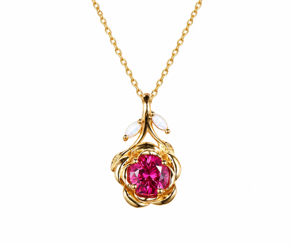 Whispervow 7mm Round Ruby Rose Flower Design Pendant Necklace Nature Inspired Opal Leaf Red Gemstone product view 3 of 4