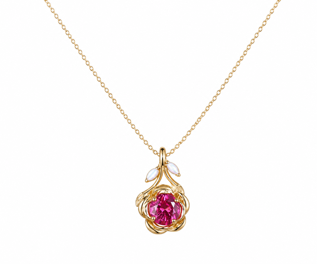 Whispervow 7mm Round Ruby Rose Flower Design Pendant Necklace Nature Inspired Opal Leaf Red Gemstone product view 4 of 4