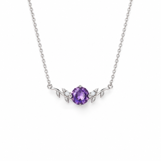 Amethyst botanical leaf necklace in sterling silver, front view on white