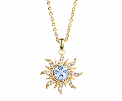Whispervow Art Deco Natural Aquamarine Round Bezel Sunburst Pendant Necklace Moissanite Pave Women Tangled Inspired product view 1 of 2