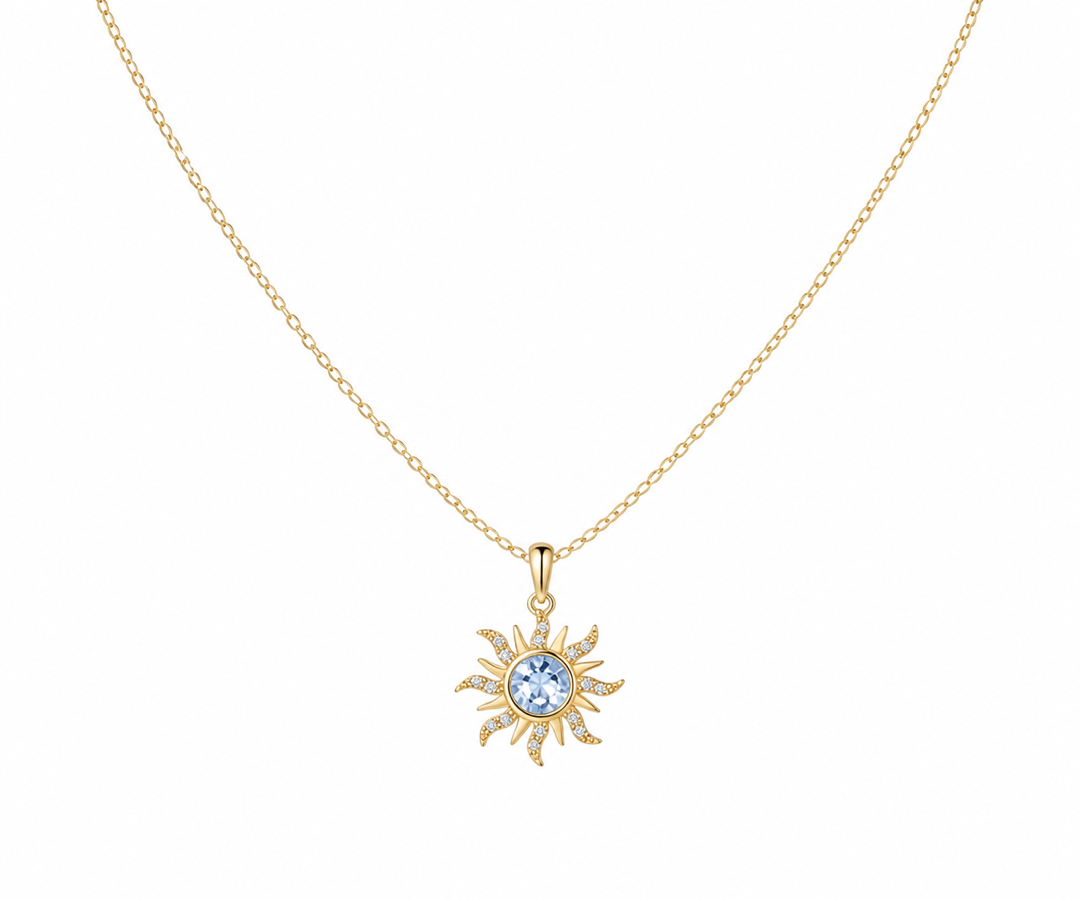 Whispervow Art Deco Natural Aquamarine Round Bezel Sunburst Pendant Necklace Moissanite Pave Women Tangled Inspired product view 2 of 2