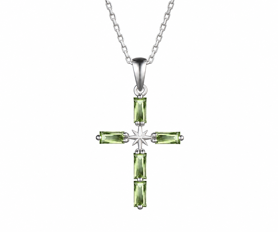 Whispervow Baguette Cut Natural Peridot Pave Cross Necklace North Star Art Deco Celestial Polaris Cross product view 1 of 4
