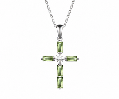 Whispervow Baguette Cut Natural Peridot Pave Cross Necklace North Star Art Deco Celestial Polaris Cross product view 1 of 4