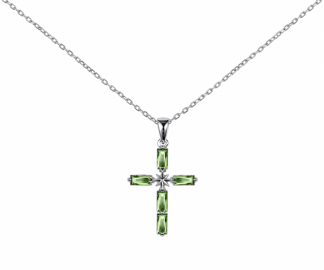 Whispervow Baguette Cut Natural Peridot Pave Cross Necklace North Star Art Deco Celestial Polaris Cross product view 2 of 4