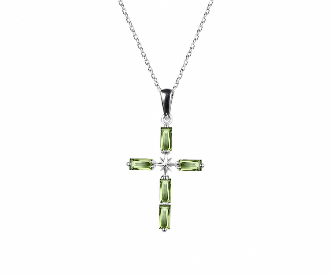 Whispervow Baguette Cut Natural Peridot Pave Cross Necklace North Star Art Deco Celestial Polaris Cross product view 3 of 4