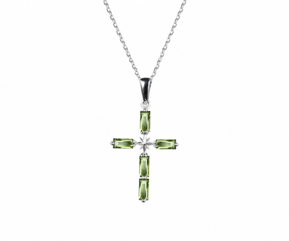Whispervow Baguette Cut Natural Peridot Pave Cross Necklace North Star Art Deco Celestial Polaris Cross product view 3 of 4