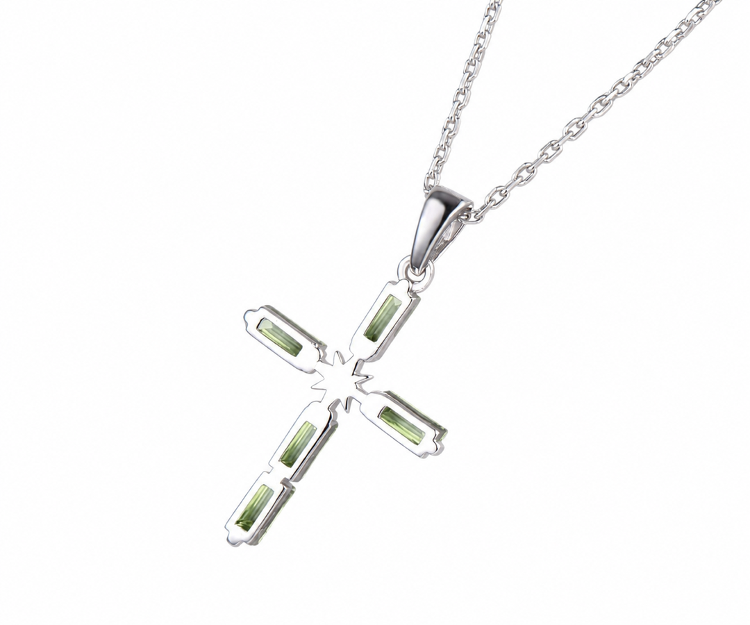 Whispervow Baguette Cut Natural Peridot Pave Cross Necklace North Star Art Deco Celestial Polaris Cross product view 4 of 4