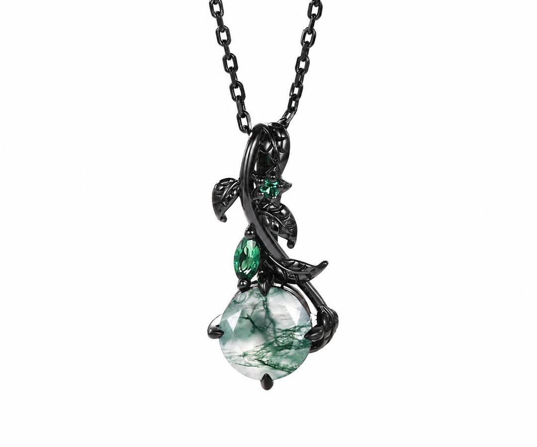 Whispervow Black Twig Vine Moss Agate Necklace 7mm Round Green Agate Emerald Branch Pendant product view 1 of 4