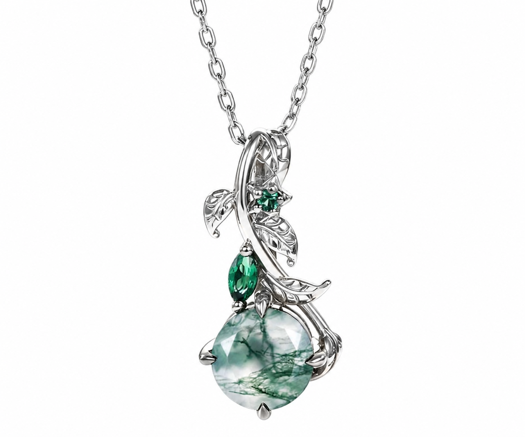 Whispervow Black Twig Vine Moss Agate Necklace 7mm Round Green Agate Emerald Branch Pendant product view 2 of 4