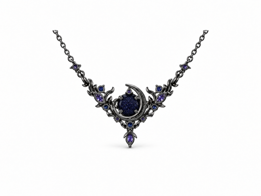 Black midnight blue celestial crescent necklace, back view