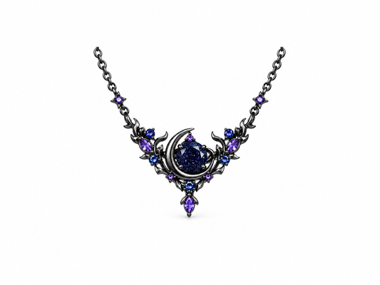 Black midnight blue celestial crescent necklace, front view
