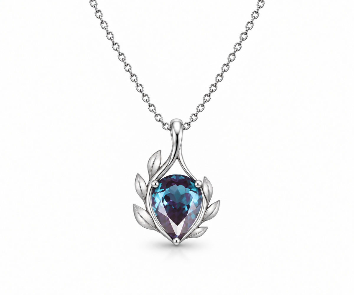 Silver blue-violet laurel wreath necklace, front view