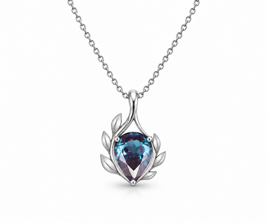 Silver blue-violet laurel wreath necklace, front view