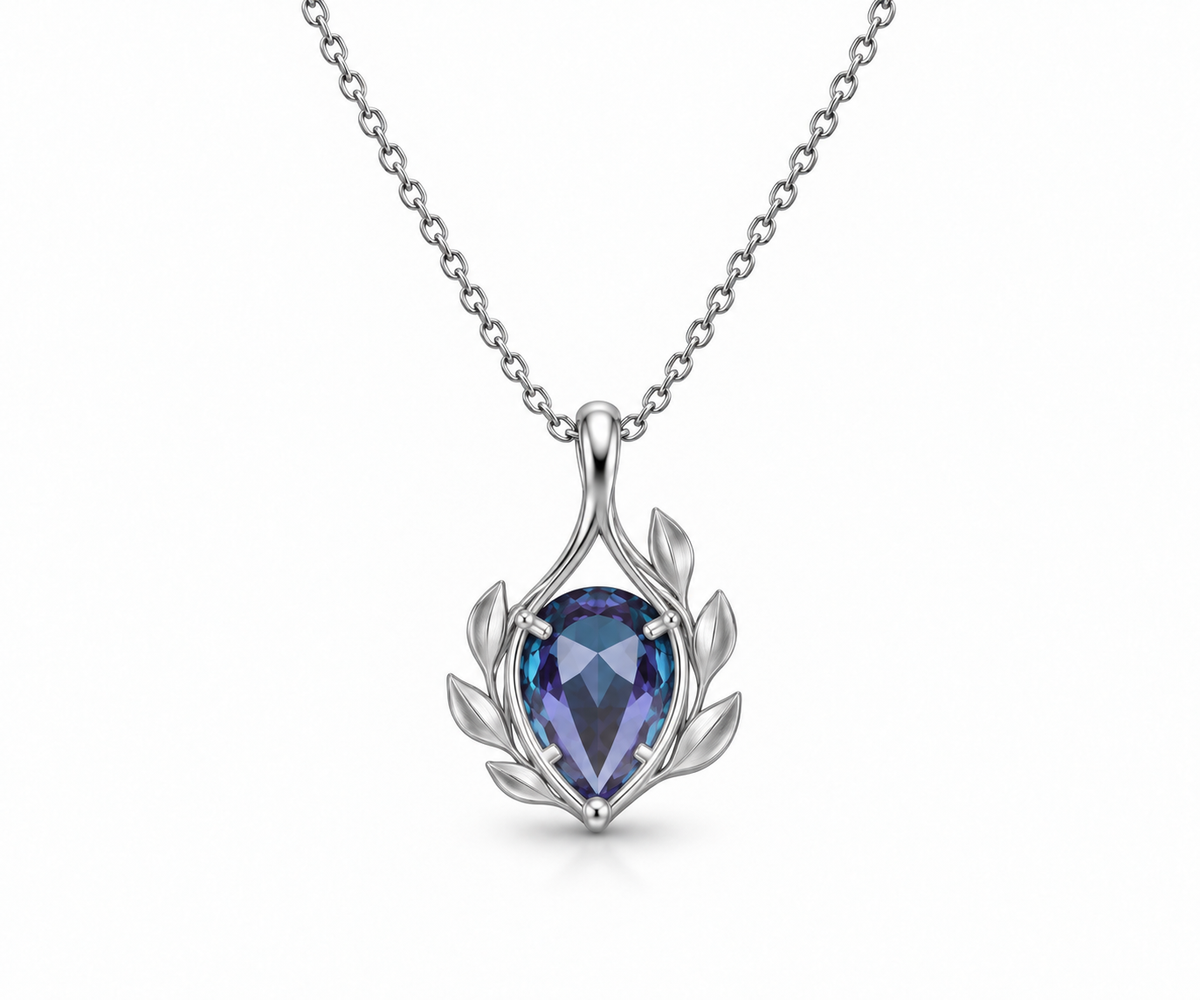 Silver blue-violet laurel wreath necklace, openwork back view