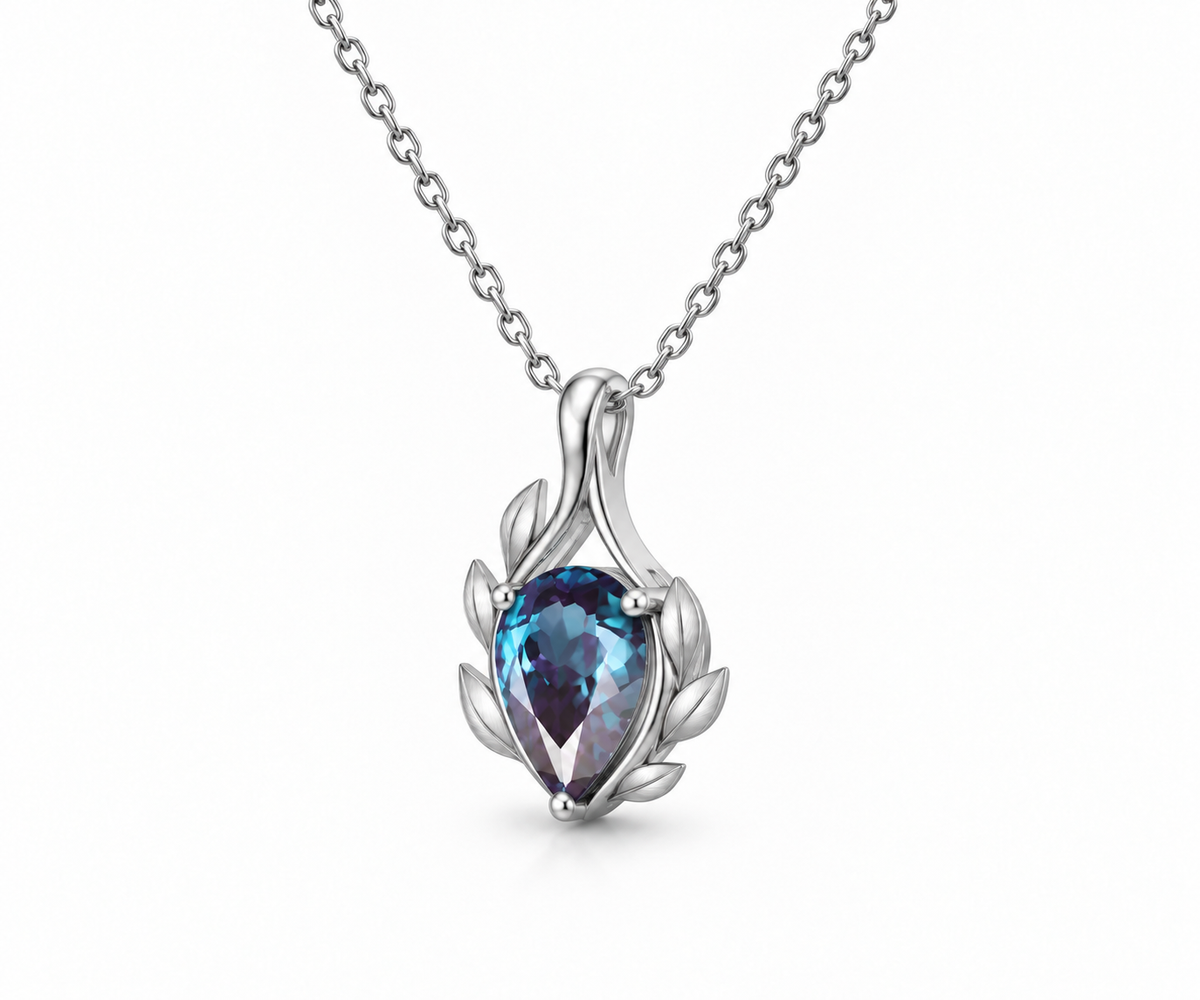 Silver blue-violet laurel wreath necklace, side view