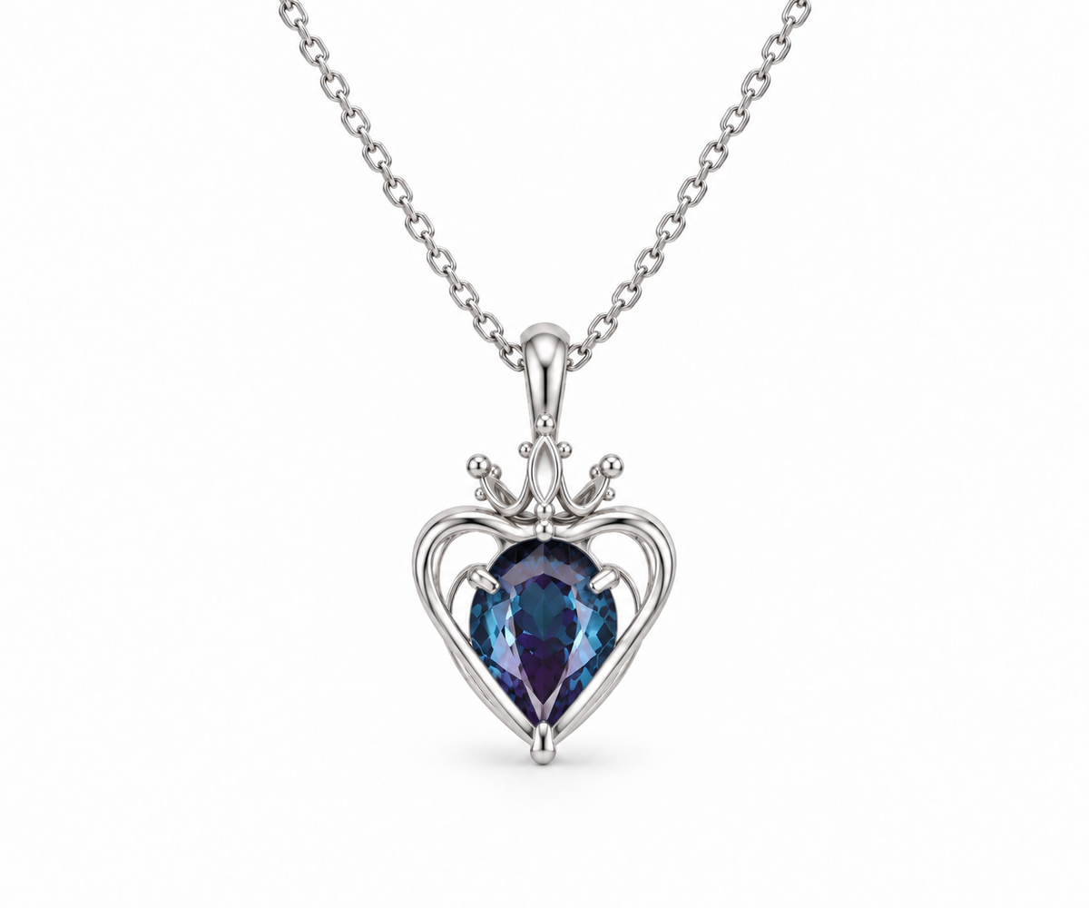 Silver blue-violet sacred heart crown necklace, openwork back view