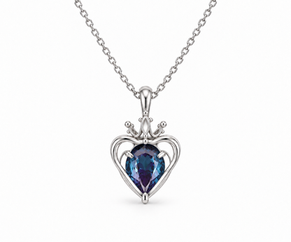 Silver blue-violet sacred heart crown necklace, openwork back view
