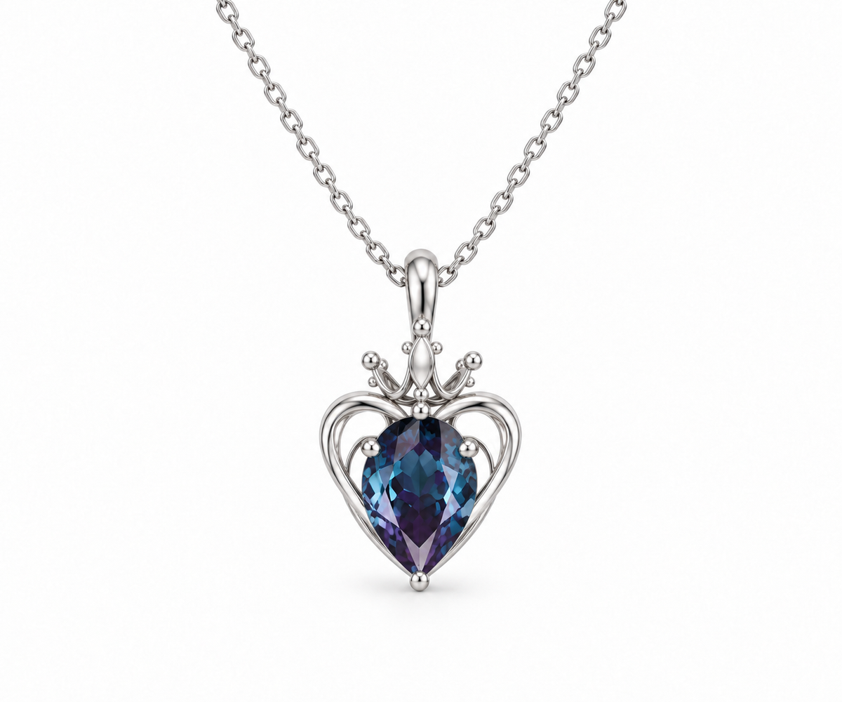 Silver blue-violet sacred heart crown necklace, front view