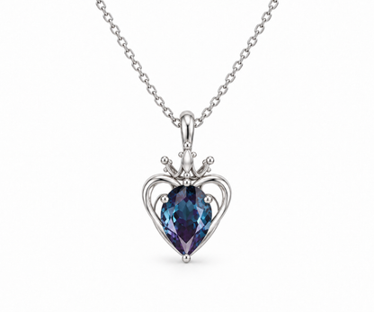 Silver blue-violet sacred heart crown necklace, front view
