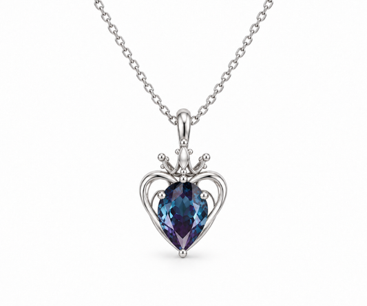 Silver blue-violet sacred heart crown necklace, front view