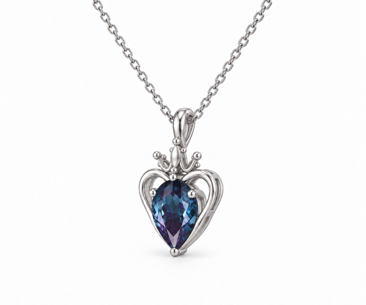 Silver blue-violet sacred heart crown necklace, side view