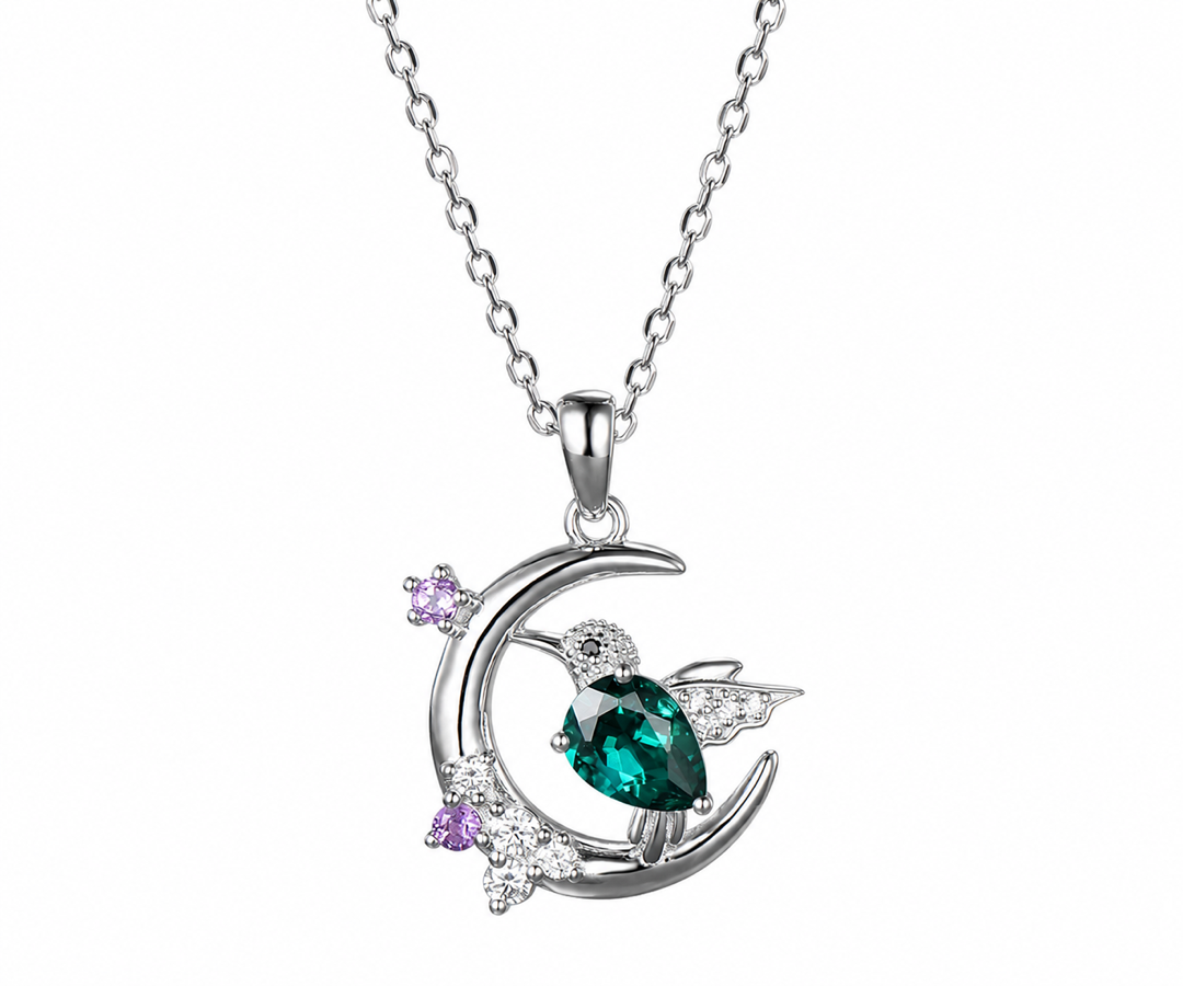 Whispervow Crescent Moon Pear Green Emerald Necklace Sterling Silver Hummingbird on Moon Gemstone Pendant Spring product view 1 of 3