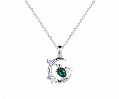 Whispervow Crescent Moon Pear Green Emerald Necklace Sterling Silver Hummingbird on Moon Gemstone Pendant Spring product view 2 of 3