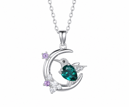 Whispervow Crescent Moon Pear Green Emerald Necklace Sterling Silver Hummingbird on Moon Gemstone Pendant Spring product view 3 of 3