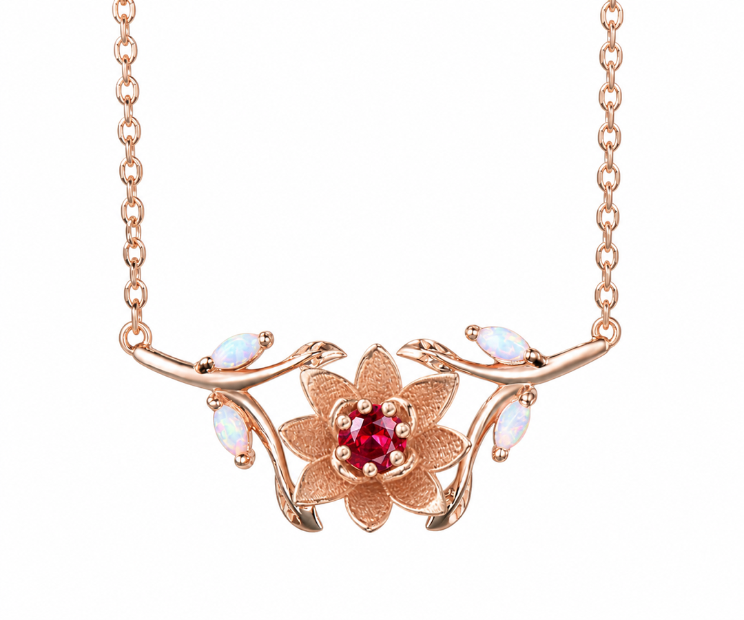 Whispervow Custom Birth Flower Necklace July Larkspur Ruby Necklace Fire Opal Leaf Branch Birth Month product view 1 of 4