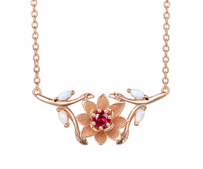 Whispervow Custom Birth Flower Necklace July Larkspur Ruby Necklace Fire Opal Leaf Branch Birth Month product view 1 of 4
