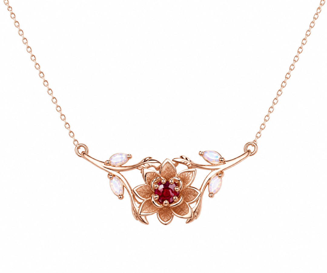 Whispervow Custom Birth Flower Necklace July Larkspur Ruby Necklace Fire Opal Leaf Branch Birth Month product view 2 of 4
