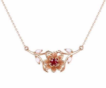 Whispervow Custom Birth Flower Necklace July Larkspur Ruby Necklace Fire Opal Leaf Branch Birth Month product view 2 of 4