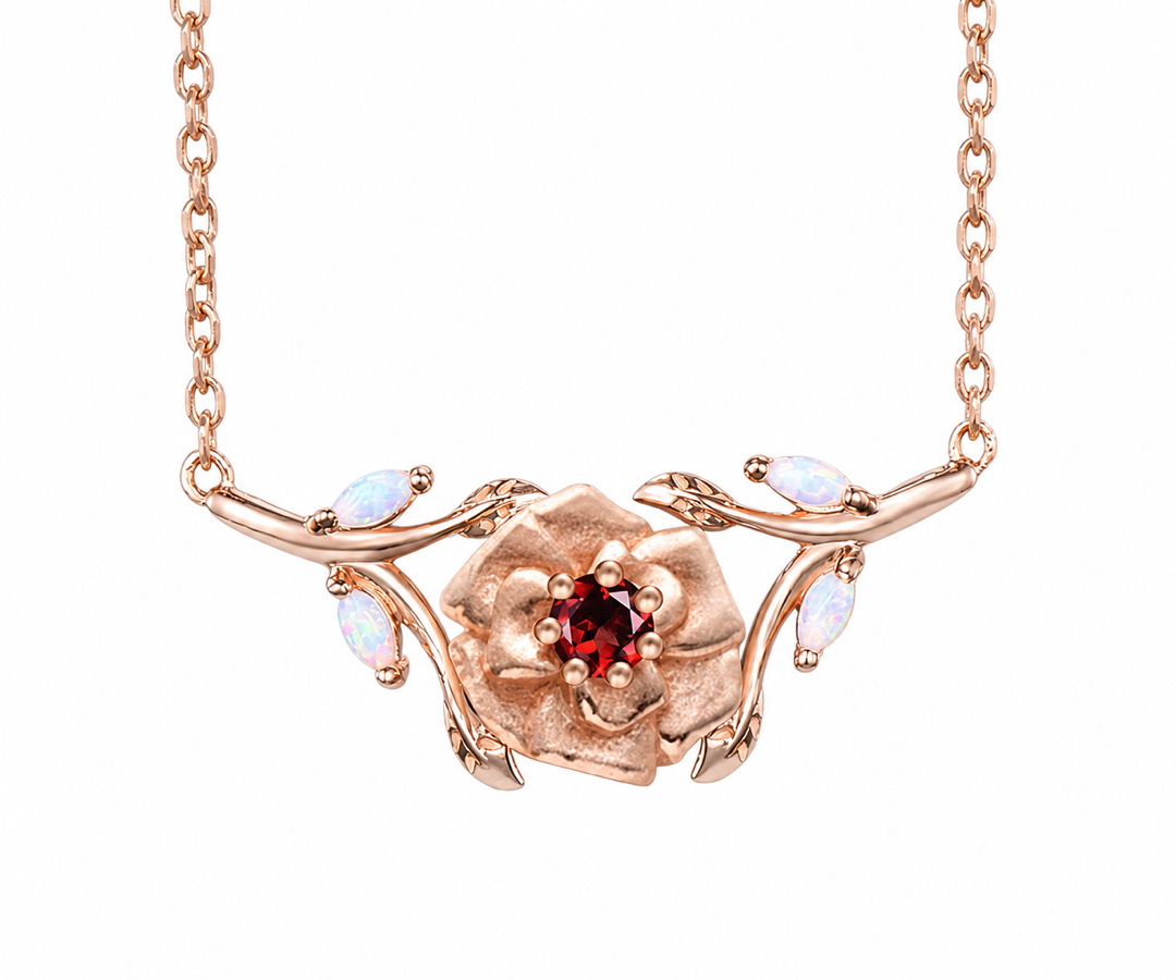 Whispervow Custom Birth Flower Necklace July Larkspur Ruby Necklace Fire Opal Leaf Branch Birth Month product view 3 of 4