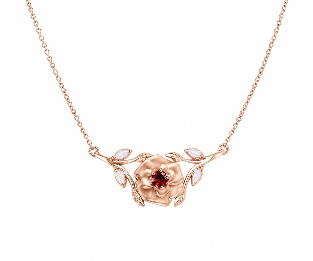Whispervow Custom Birth Flower Necklace July Larkspur Ruby Necklace Fire Opal Leaf Branch Birth Month product view 4 of 4