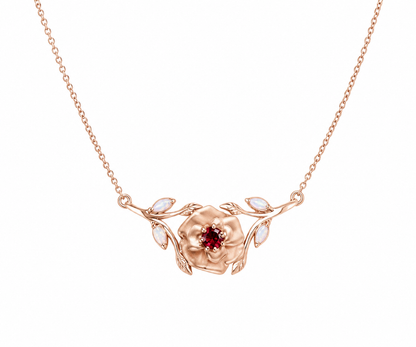 Whispervow Custom Birth Flower Necklace July Larkspur Ruby Necklace Fire Opal Leaf Branch Birth Month product view 4 of 4