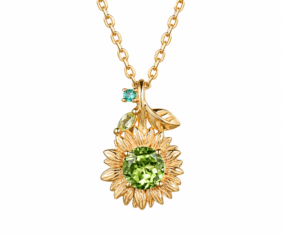 Whispervow Delicate Natural Peridot Round Sunflower Necklace With Emerald Leaf Nature Inspired Floral Pendant Botanical product view 1 of 4