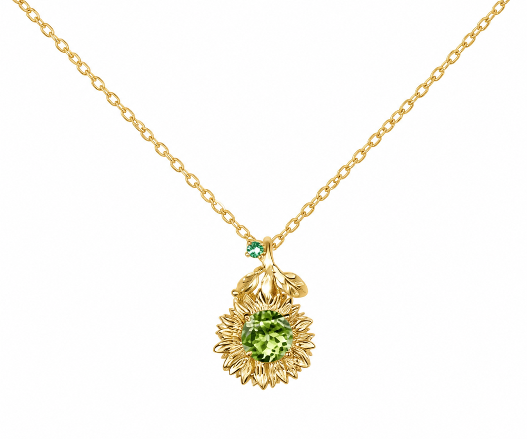 Whispervow Delicate Natural Peridot Round Sunflower Necklace With Emerald Leaf Nature Inspired Floral Pendant Botanical product view 2 of 4