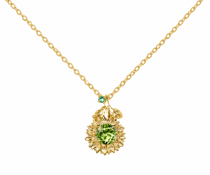 Whispervow Delicate Natural Peridot Round Sunflower Necklace With Emerald Leaf Nature Inspired Floral Pendant Botanical product view 2 of 4