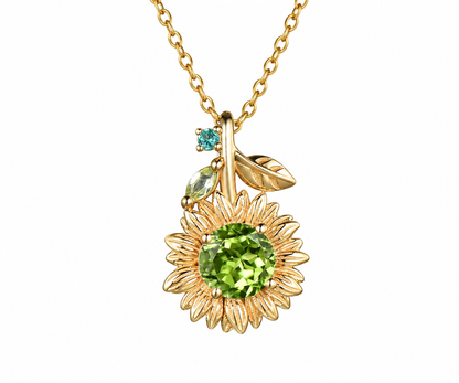 Whispervow Delicate Natural Peridot Round Sunflower Necklace With Emerald Leaf Nature Inspired Floral Pendant Botanical product view 3 of 4