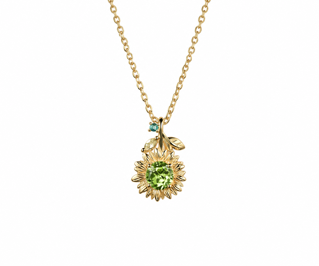 Whispervow Delicate Natural Peridot Round Sunflower Necklace With Emerald Leaf Nature Inspired Floral Pendant Botanical product view 4 of 4