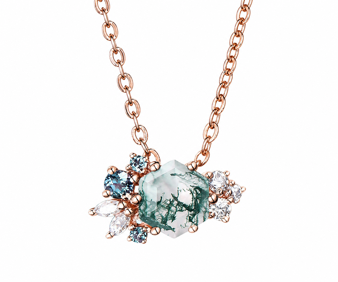 Whispervow Hexagon cut green moss agate necklace women vintage unique art deco cluster alexandrite diamond product view 1 of 4