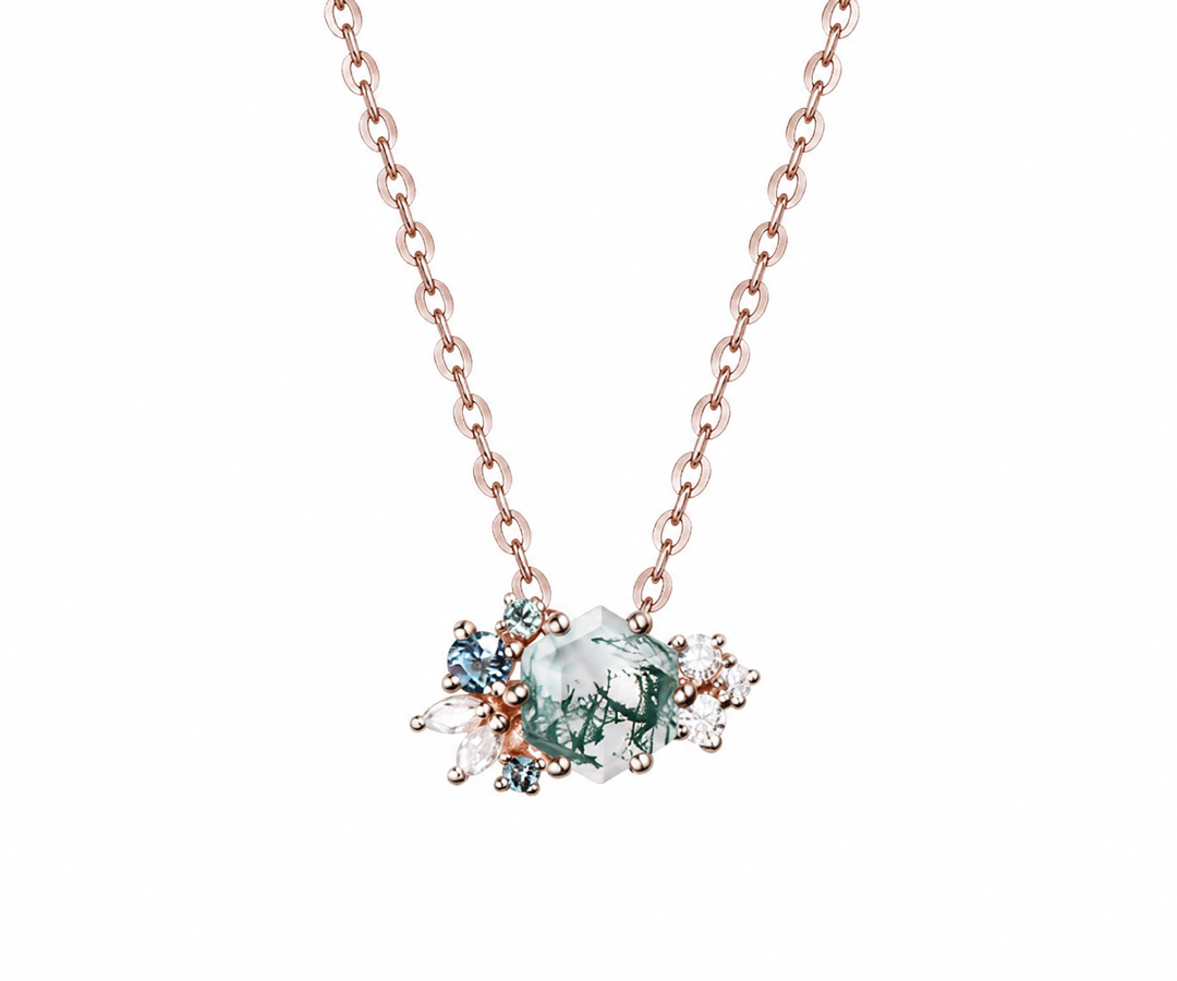 Whispervow Hexagon cut green moss agate necklace women vintage unique art deco cluster alexandrite diamond product view 2 of 4
