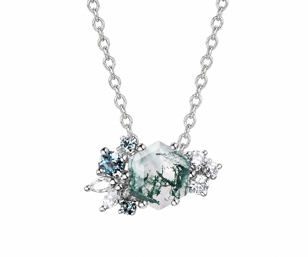 Whispervow Hexagon cut green moss agate necklace women vintage unique art deco cluster alexandrite diamond product view 3 of 4