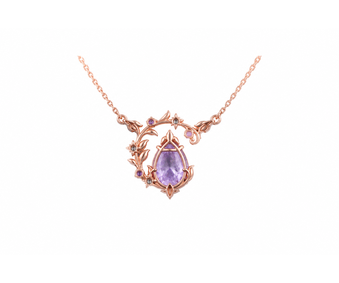 Rose Gold Lavender Floral Vine Necklace back view