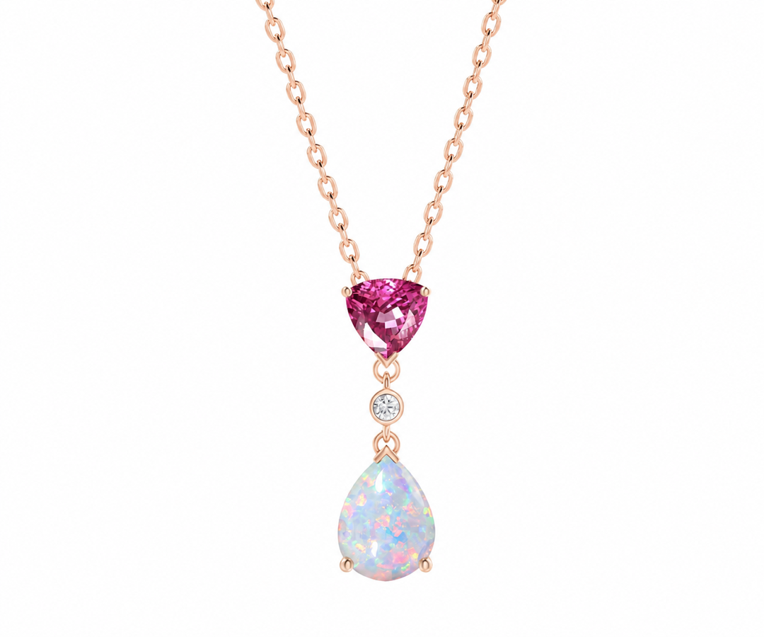 Whispervow Minimalist Opal Ruby Pendant Necklace Vintage Lab trillion Ruby Necklace Pear Shaped Fire Opal product view 1 of 4