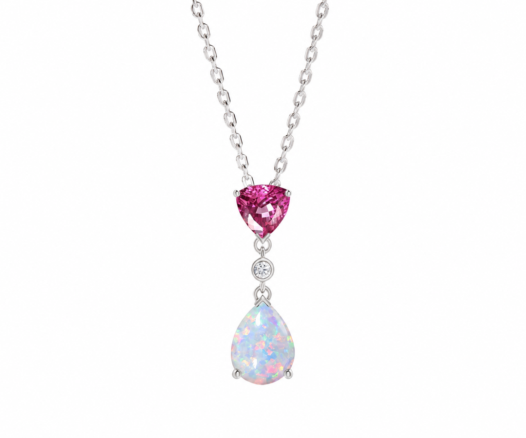 Whispervow Minimalist Opal Ruby Pendant Necklace Vintage Lab trillion Ruby Necklace Pear Shaped Fire Opal product view 2 of 4
