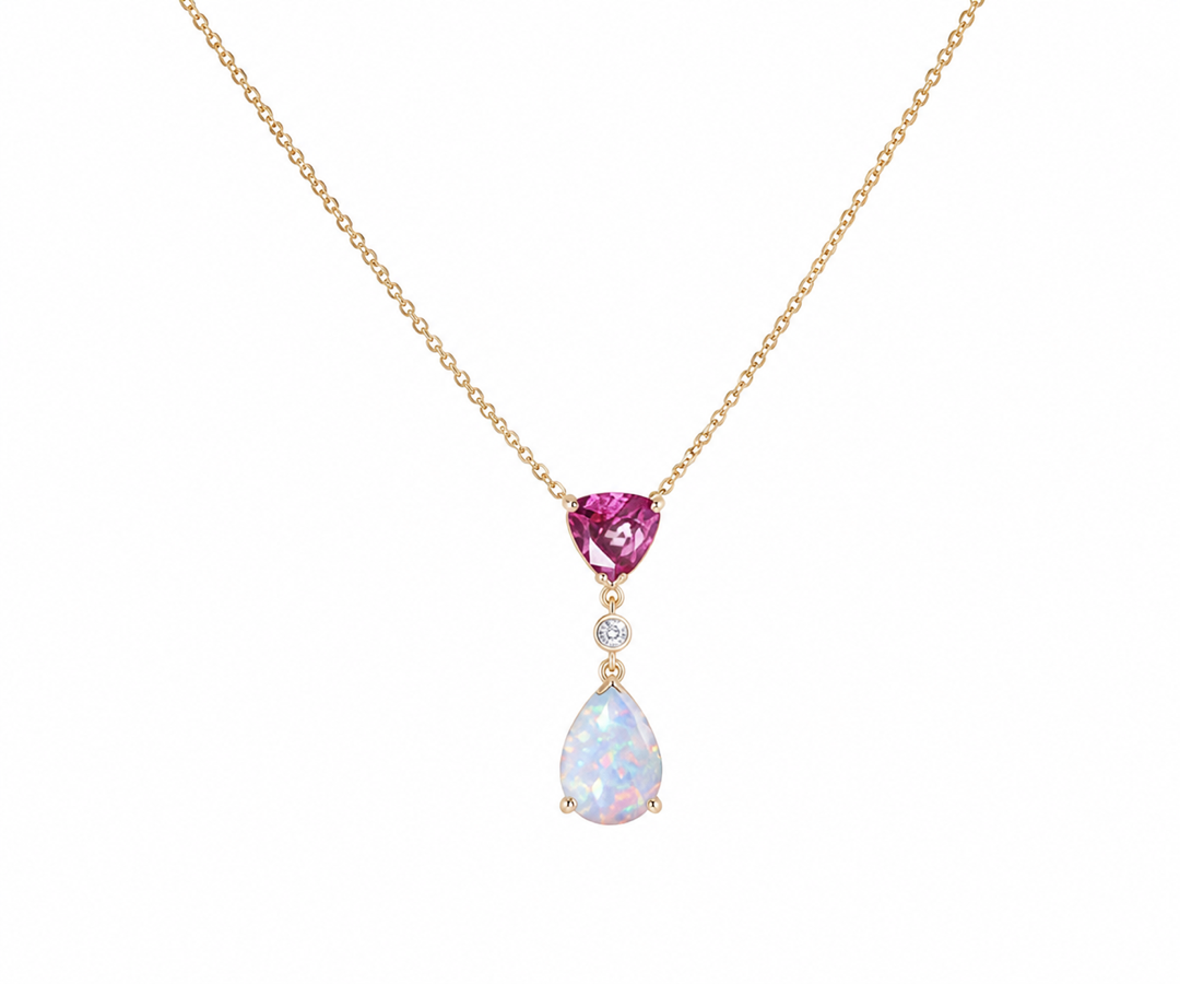 Whispervow Minimalist Opal Ruby Pendant Necklace Vintage Lab trillion Ruby Necklace Pear Shaped Fire Opal product view 3 of 4